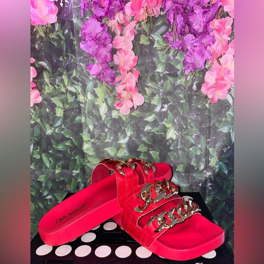 Red Gold Chain Slip On Sandals - Picture 2 of 2